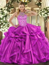 Adorable Sleeveless Organza Floor Length Lace Up Quince Ball Gowns in Fuchsia with Beading and Embroidery and Ruffles