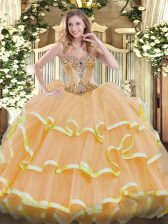 Adorable Floor Length Lace Up Sweet 16 Quinceanera Dress Gold for Sweet 16 and Quinceanera with Beading and Ruffles