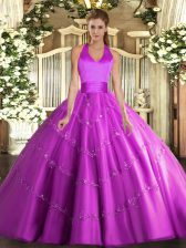 Popular Fuchsia Ball Gowns Halter Top Sleeveless Tulle Floor Length Lace Up Appliques Quinceanera Dress