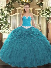  Teal Organza Lace Up Sweetheart Sleeveless Floor Length Ball Gown Prom Dress Appliques and Ruffles