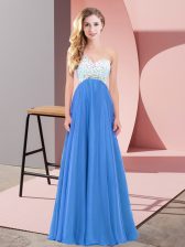  Blue Chiffon Criss Cross Prom Evening Gown Sleeveless Floor Length Beading