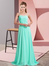 Custom Made Chiffon Spaghetti Straps Sleeveless Sweep Train Backless Ruching Prom Party Dress in Turquoise