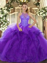 Vintage Purple Ball Gowns Organza High-neck Sleeveless Beading and Ruffles Floor Length Lace Up Quinceanera Gown