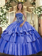 Hot Selling Blue Ball Gowns Strapless Sleeveless Organza and Taffeta Floor Length Lace Up Beading and Ruffled Layers Quinceanera Gown