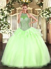 Custom Fit Yellow Green Ball Gowns Beading Vestidos de Quinceanera Lace Up Tulle Sleeveless Floor Length