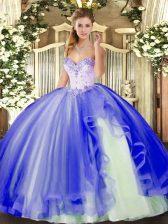 Luxurious Blue Sleeveless Floor Length Beading and Ruffles Lace Up Ball Gown Prom Dress