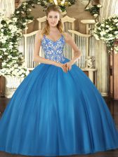 Elegant Blue Lace Up Straps Beading and Appliques Quinceanera Dress Tulle Sleeveless