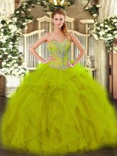  Olive Green Ball Gowns Organza Sweetheart Sleeveless Beading and Ruffles Floor Length Lace Up Quinceanera Gown