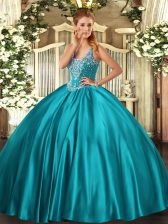 Fashion Teal Ball Gowns Beading Vestidos de Quinceanera Lace Up Satin Sleeveless Floor Length