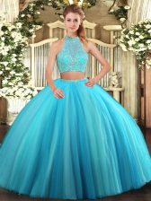  Floor Length Aqua Blue Vestidos de Quinceanera Halter Top Sleeveless Criss Cross