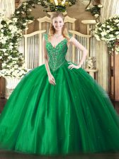 Free and Easy Green V-neck Lace Up Beading Quinceanera Gowns Sleeveless
