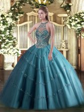 Traditional Teal Sweet 16 Quinceanera Dress Sweet 16 and Quinceanera with Beading Halter Top Sleeveless Lace Up