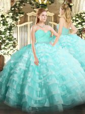  Aqua Blue Sleeveless Beading and Lace and Ruffled Layers Floor Length Quinceanera Gowns
