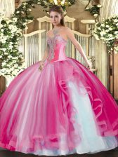 Exceptional Hot Pink Lace Up 15 Quinceanera Dress Beading and Ruffles Sleeveless Floor Length