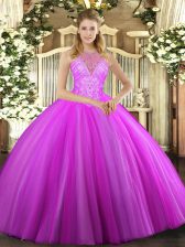  Fuchsia Vestidos de Quinceanera Military Ball and Sweet 16 and Quinceanera with Beading High-neck Sleeveless Lace Up