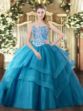Deluxe Teal Tulle Lace Up Sweetheart Sleeveless Floor Length Quince Ball Gowns Beading and Ruffled Layers
