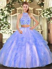  Beading and Ruffled Layers Quince Ball Gowns Lavender Criss Cross Sleeveless Floor Length