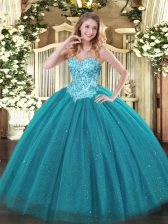 Gorgeous Tulle and Sequined Sweetheart Sleeveless Lace Up Appliques Ball Gown Prom Dress in Teal 