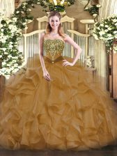  Brown Quinceanera Gowns Military Ball and Sweet 16 and Quinceanera with Beading and Ruffles Strapless Sleeveless Lace Up