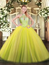 Wonderful Yellow Green Ball Gowns Halter Top Sleeveless Tulle Floor Length Lace Up Sequins Ball Gown Prom Dress