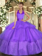 Sexy Lavender Tulle Lace Up Halter Top Sleeveless Floor Length Sweet 16 Dresses Ruffled Layers