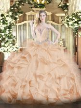  Sweetheart Sleeveless Lace Up Sweet 16 Dresses Peach Organza