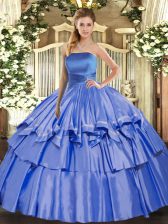 Organza Strapless Sleeveless Lace Up Ruffled Layers Sweet 16 Quinceanera Dress in Blue