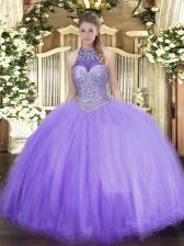 Elegant Lavender 15 Quinceanera Dress Military Ball and Sweet 16 and Quinceanera with Beading Halter Top Sleeveless Lace Up