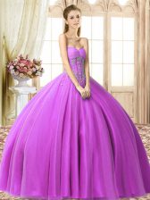 Cute Lilac Tulle Lace Up Sweetheart Sleeveless Floor Length 15th Birthday Dress Beading