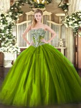 Olive Green Ball Gowns Strapless Sleeveless Tulle Floor Length Lace Up Beading 15th Birthday Dress