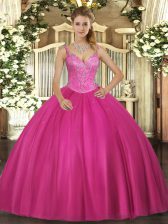 Low Price Fuchsia Ball Gowns V-neck Sleeveless Tulle Floor Length Lace Up Beading Quinceanera Gowns