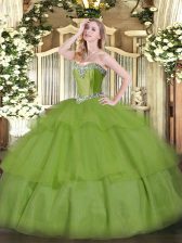  Olive Green Tulle Lace Up Sweetheart Sleeveless Floor Length 15 Quinceanera Dress Beading and Ruffled Layers