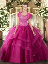  Ball Gowns Ball Gown Prom Dress Hot Pink Scoop Tulle Sleeveless Floor Length Clasp Handle