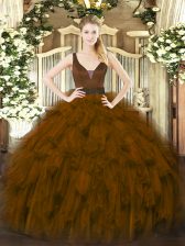  Brown Zipper Quince Ball Gowns Beading and Ruffles Sleeveless Floor Length