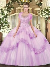 High Class Lilac Tulle Clasp Handle Scoop Sleeveless Floor Length Ball Gown Prom Dress Beading and Appliques