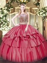  Coral Red Two Pieces Organza and Taffeta Scoop Sleeveless Beading and Ruffled Layers Floor Length Lace Up 15th Birthday Dress