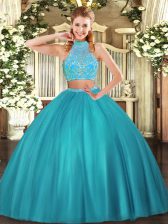 Attractive Floor Length Aqua Blue Sweet 16 Dresses Tulle Sleeveless Beading