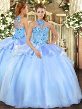  Floor Length Baby Blue Quince Ball Gowns Organza Sleeveless Embroidery