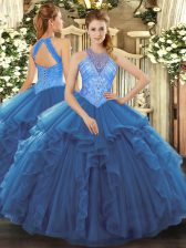 Clearance Blue High-neck Lace Up Beading and Ruffles 15th Birthday Dress Sleeveless