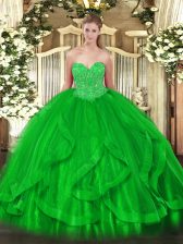 Pretty Floor Length Lace Up Quinceanera Gowns Green for Military Ball and Sweet 16 and Quinceanera with Beading and Ruffles