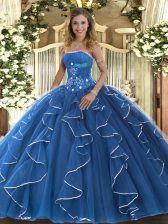 Elegant Tulle Strapless Sleeveless Lace Up Beading and Ruffles 15th Birthday Dress in Blue
