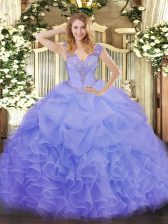  Floor Length Lavender Sweet 16 Dresses V-neck Sleeveless Lace Up