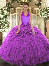  Fuchsia Sweet 16 Quinceanera Dress Military Ball and Sweet 16 and Quinceanera with Ruffles Halter Top Sleeveless Lace Up