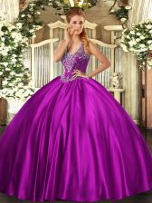 Romantic Fuchsia Lace Up Vestidos de Quinceanera Beading Sleeveless Floor Length