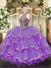 Eggplant Purple Halter Top Lace Up Beading and Ruffles Vestidos de Quinceanera Sleeveless