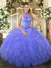  Beading and Embroidery and Ruffles Ball Gown Prom Dress Blue Lace Up Sleeveless Floor Length