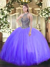 Extravagant Lavender Ball Gowns Tulle Halter Top Sleeveless Beading Floor Length Lace Up Sweet 16 Dresses