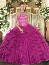 Fancy Floor Length Lace Up Quinceanera Dress Fuchsia for Military Ball and Sweet 16 and Quinceanera with Beading and Ruffles