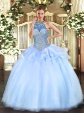 Luxury Blue Tulle Lace Up Halter Top Sleeveless Floor Length Sweet 16 Dress Beading