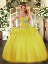 Best Selling Gold Ball Gowns Tulle Sweetheart Sleeveless Beading Floor Length Lace Up Quinceanera Dress